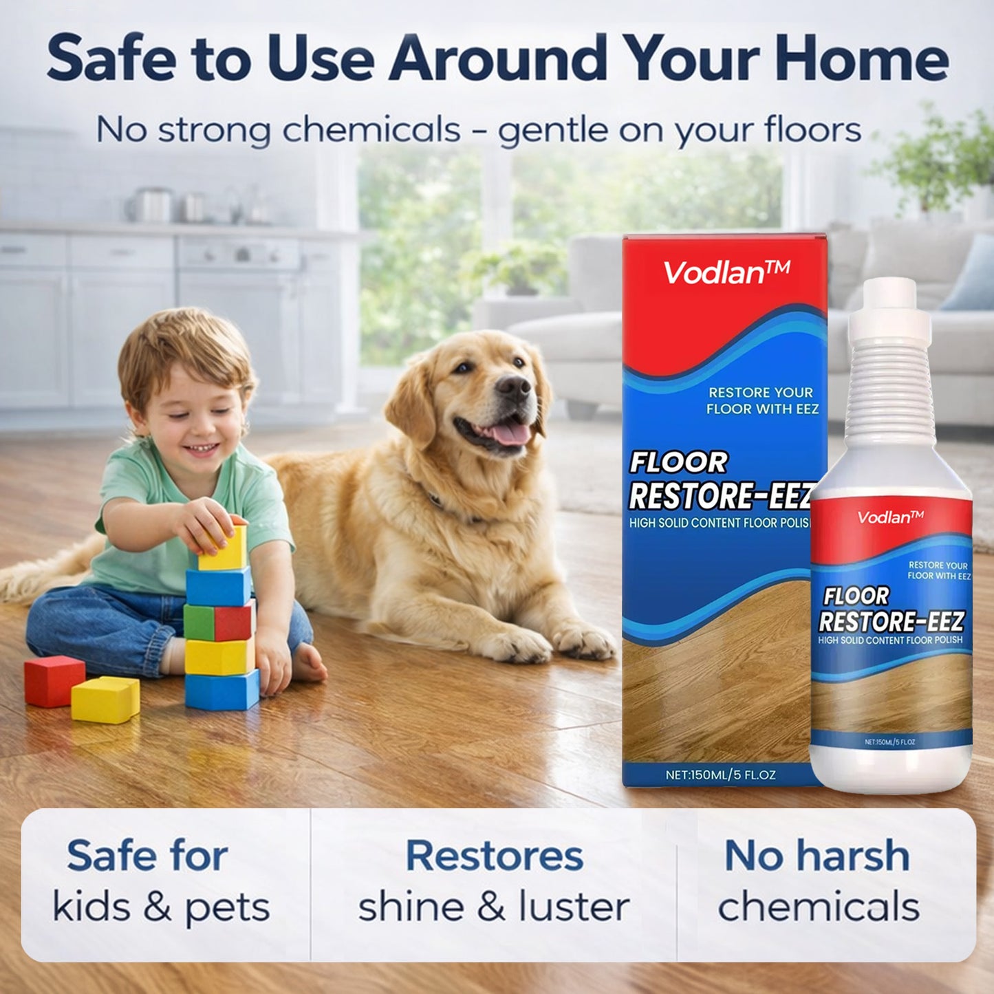 Vodlan™ Floor Restorer – Fast-drying, non-toxic shine. ✨
